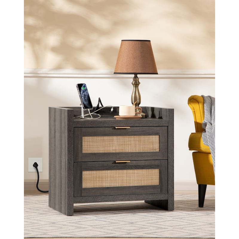 SICOTAS Farmhouse Set of 2 Nightstand with Charging Station and Drawers