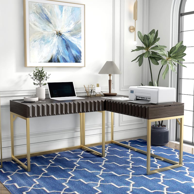 Bird Glam Metal Lift-top L-Shaped Computer Desk with USBs by Furniture of America - Walnut
