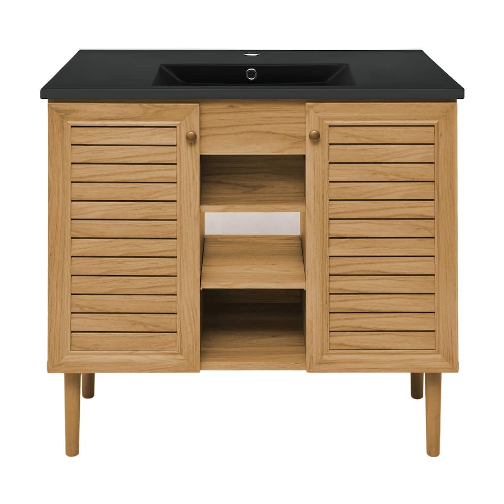 Bron 36 In. Brown Oak Bathroom Vanity With Black Ceramic Sink Top