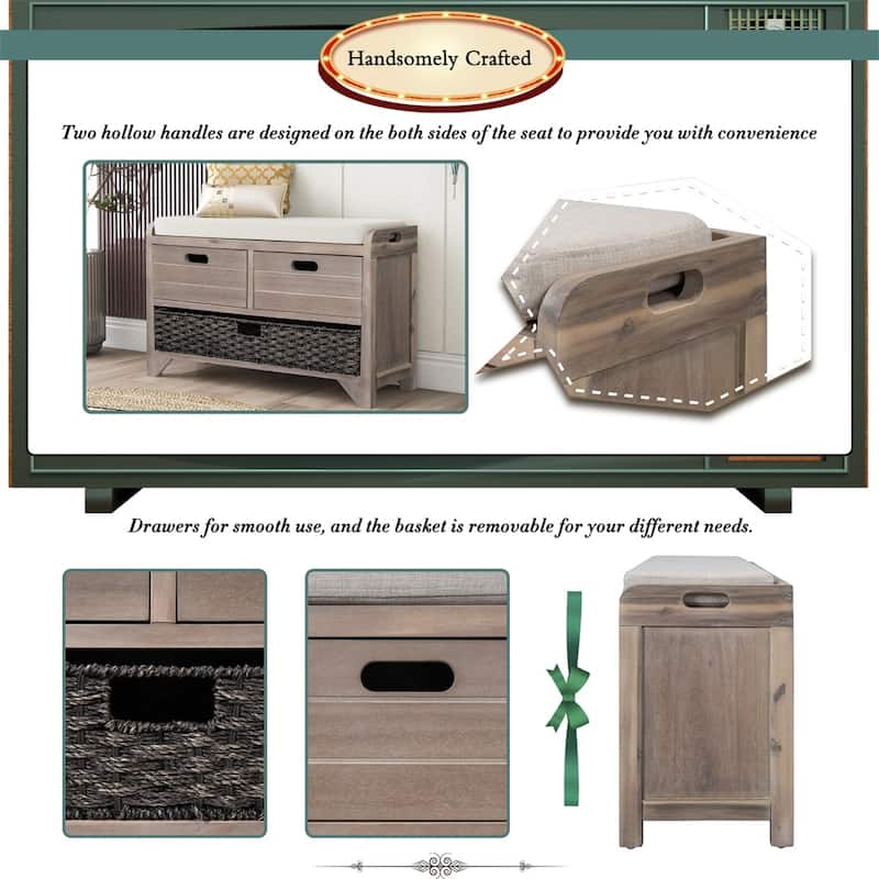 Merax Rustic Storage Bench with Removable Basket and Removable Cushion