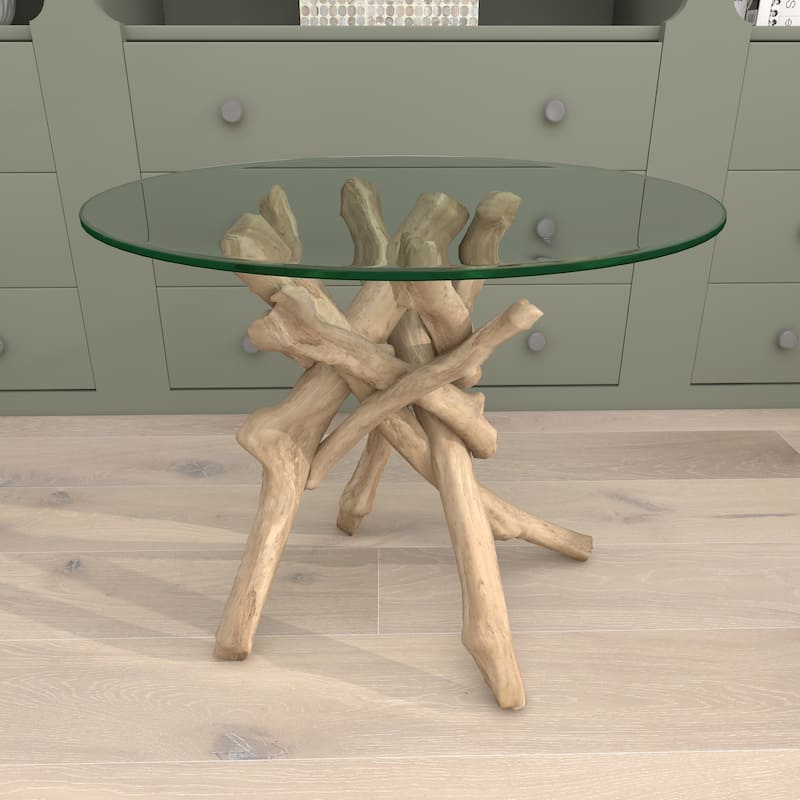 Wood Handmade Tree Branch Side End Accent Table with Clear Glass Top - Brown - Roche River Decor