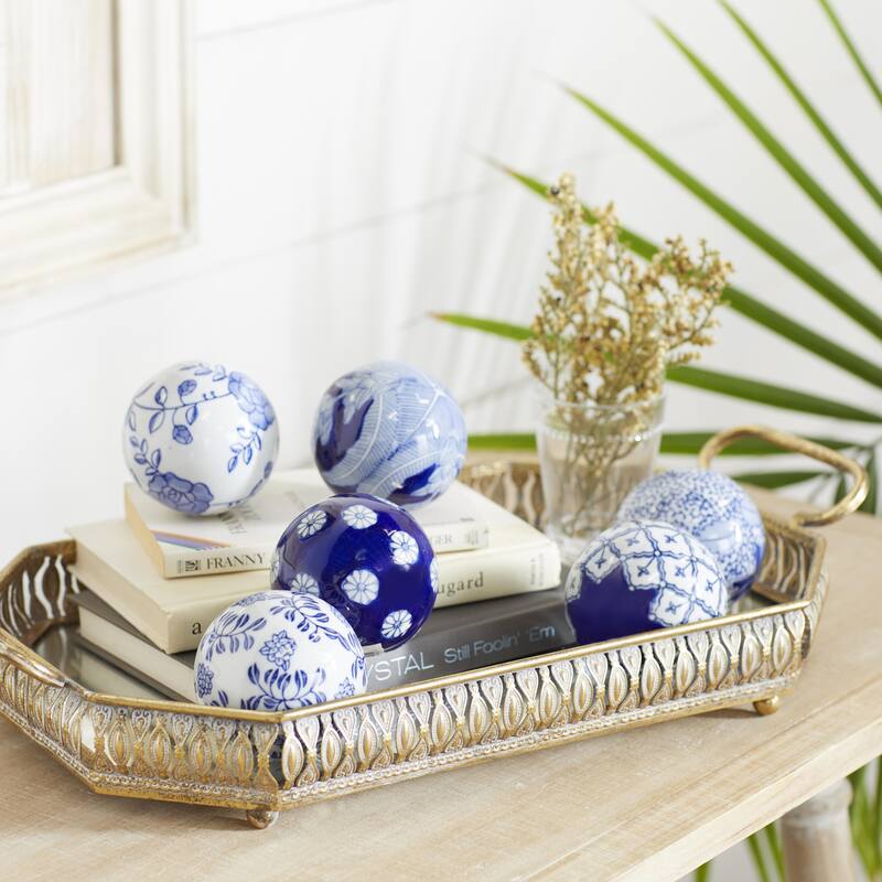 Ceramic Floral Handmade Glossy Decorative Orbs & Vase Filler with Varying Patterns - Set of 6 Black or Blue - Roche River Decor