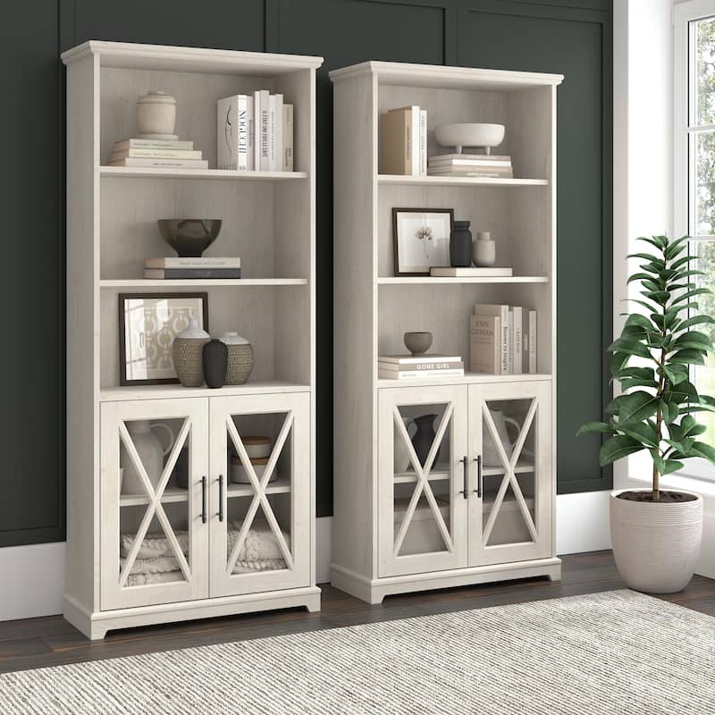 Lennox 5 Shelf Bookcase with Glass Doors - Set of 2 by Bush Furniture - Linen White Oak