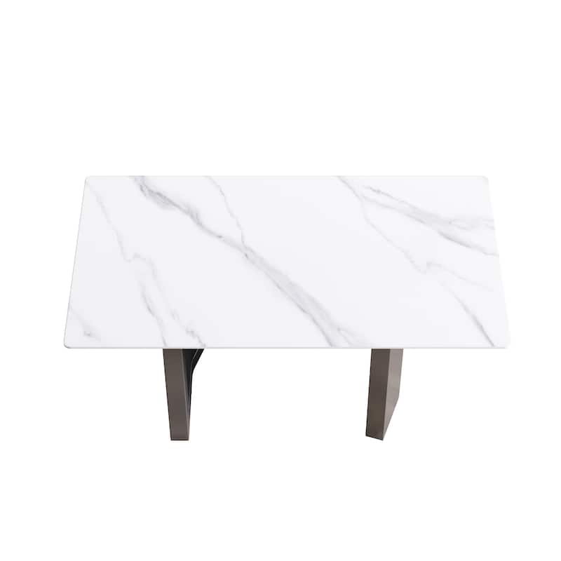 63"Modern artificial stone white straight edge metal leg dining table -6 people