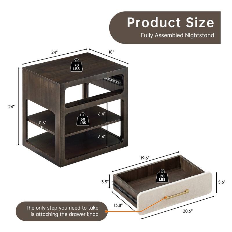 18" Modern Nightstand with Textured Fabric Drawer and 2-Tier Open Shelves