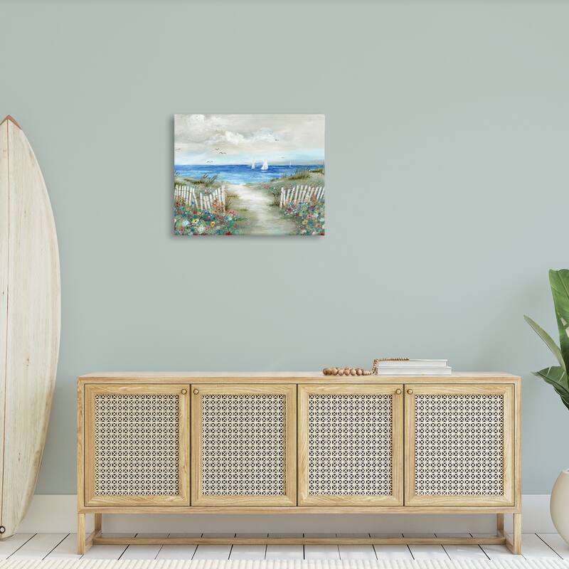 Stupell Gorgeous Beach Scene Poppies Blooming White Fence Ocean Canvas Wall Art