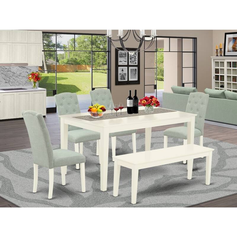 6-Piece Dining Set - Rectangle Table, 4 Parsons Chairs & Bench - Linen White & Baby Blue - 60