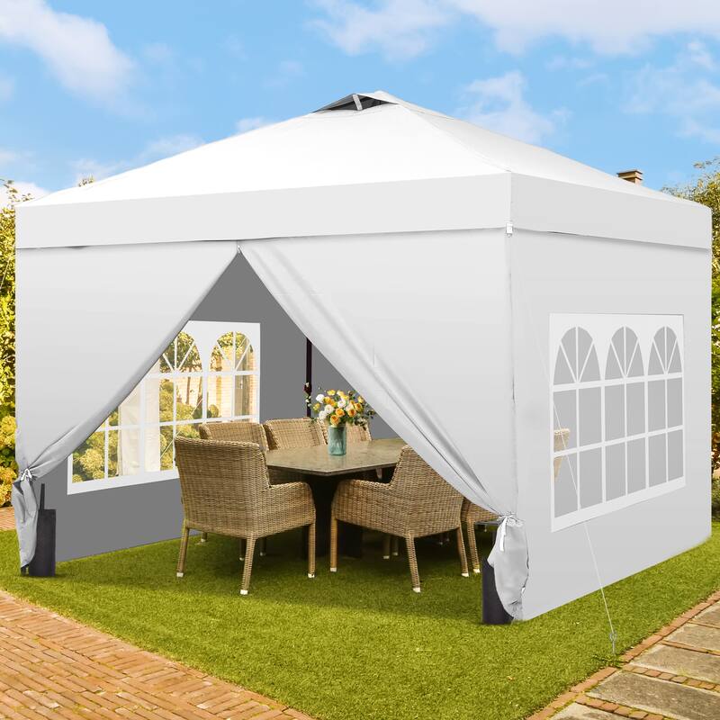 Ainfox 12x12 Pop Up Canopy Tent with 4 Sidewalls, Outdoor Beach Gazebos with 4 Sandbags - White