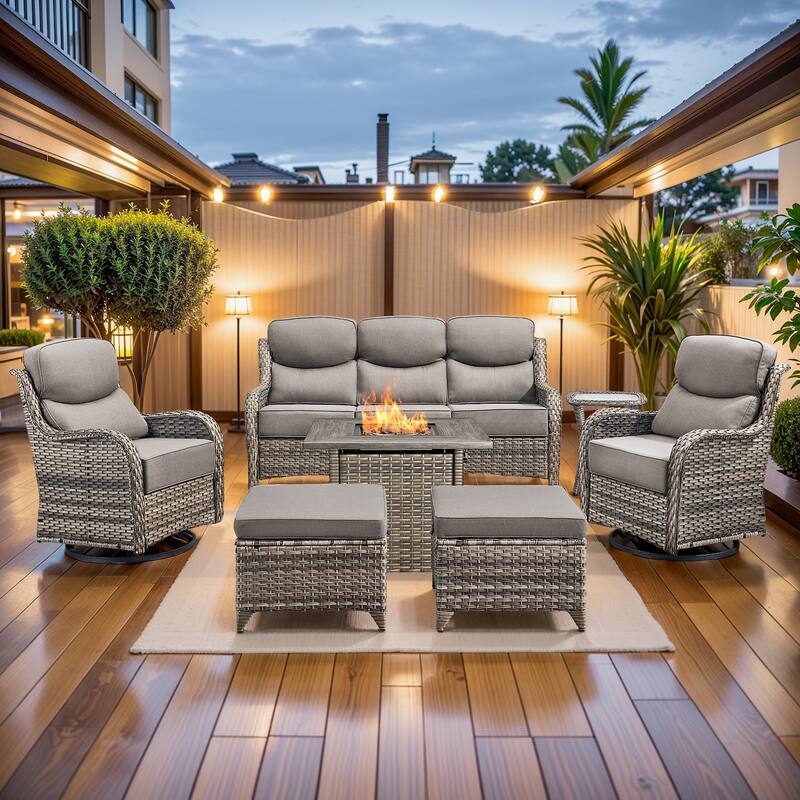 Pocassy 7 Pieces Outdoor 6" Sofa Swivel Chair Ottoman with Fire Pit Table - Gray Wicker - Gray cushion