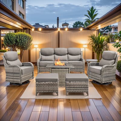 Pocassy 7 Pieces Outdoor 6" Sofa Swivel Chair Ottoman with Fire Pit Table
