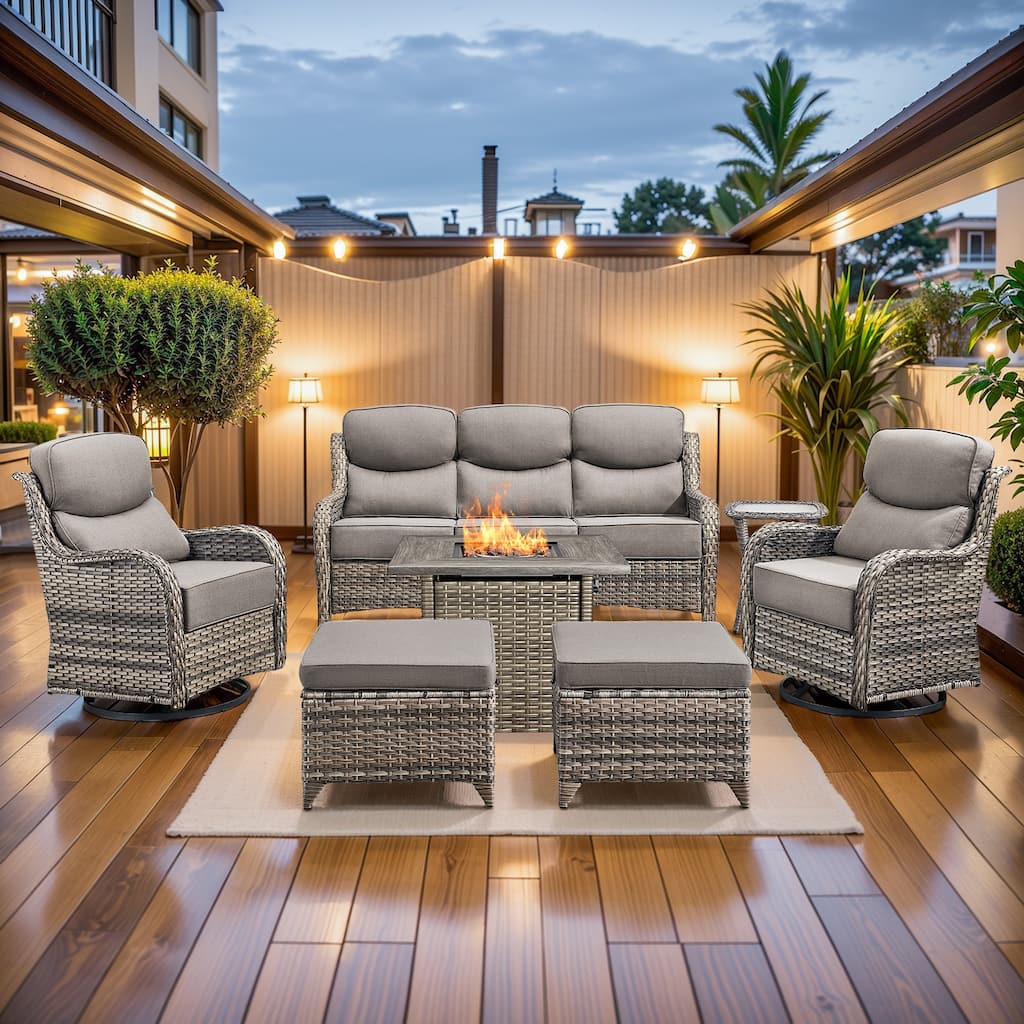 Pocassy 7 Pieces Outdoor 6" Sofa Swivel Chair Ottoman with Fire Pit Table