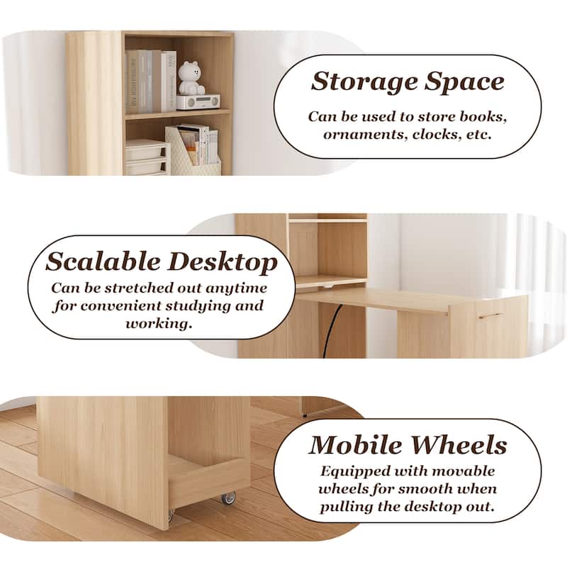 Burlywood Foldable Desk with Wheels, Office Desk with Storage for Small Spaces