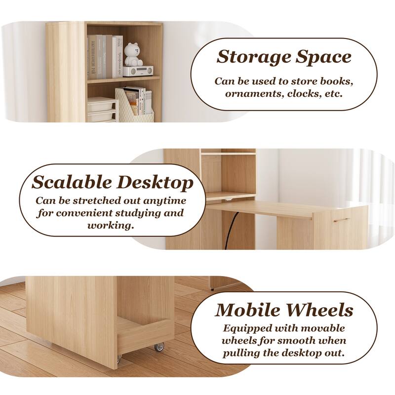 Stretchable desk, office desk with storage shelves and mobile wheels, suitable for small apartments and offices