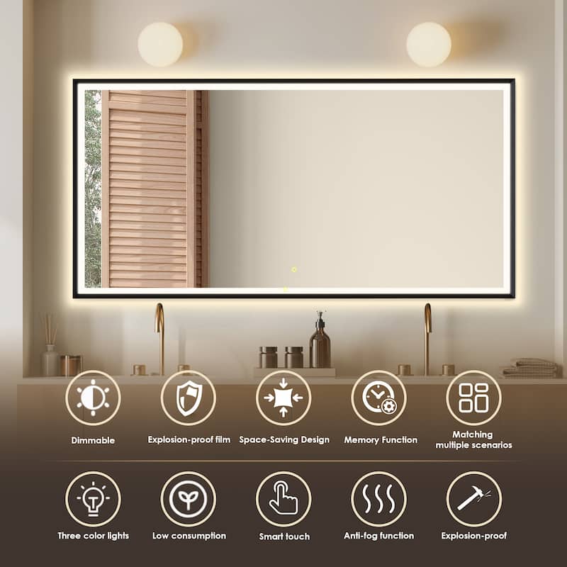 Apollo Rectangular Anti-Fog Dimmable Modern Bathroom/Vanity LED Lighted Wall Mirror in Matte Black Aluminum Framed
