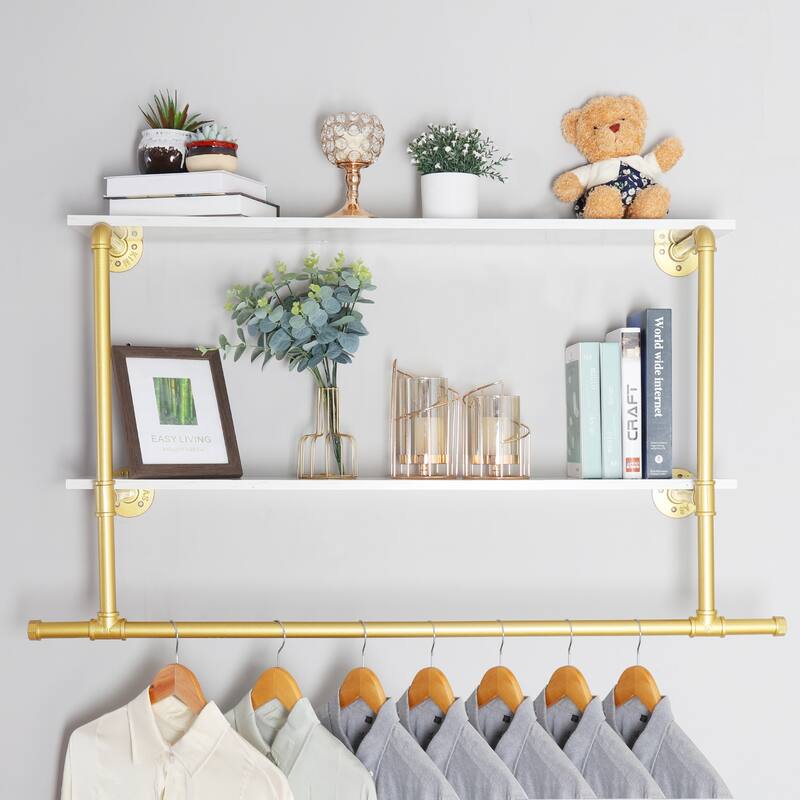 2 Tier Clothes Display Rack Pipe w/Wood Shelves for Garment Storage