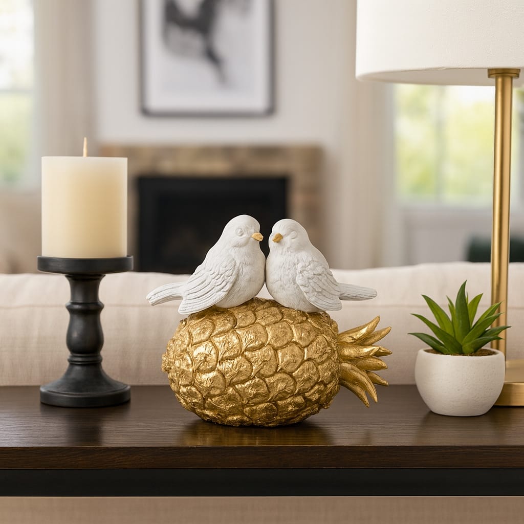 Resin Kissing Birds on Pineapple Figurine - White/Gold, 8" - 7.5"