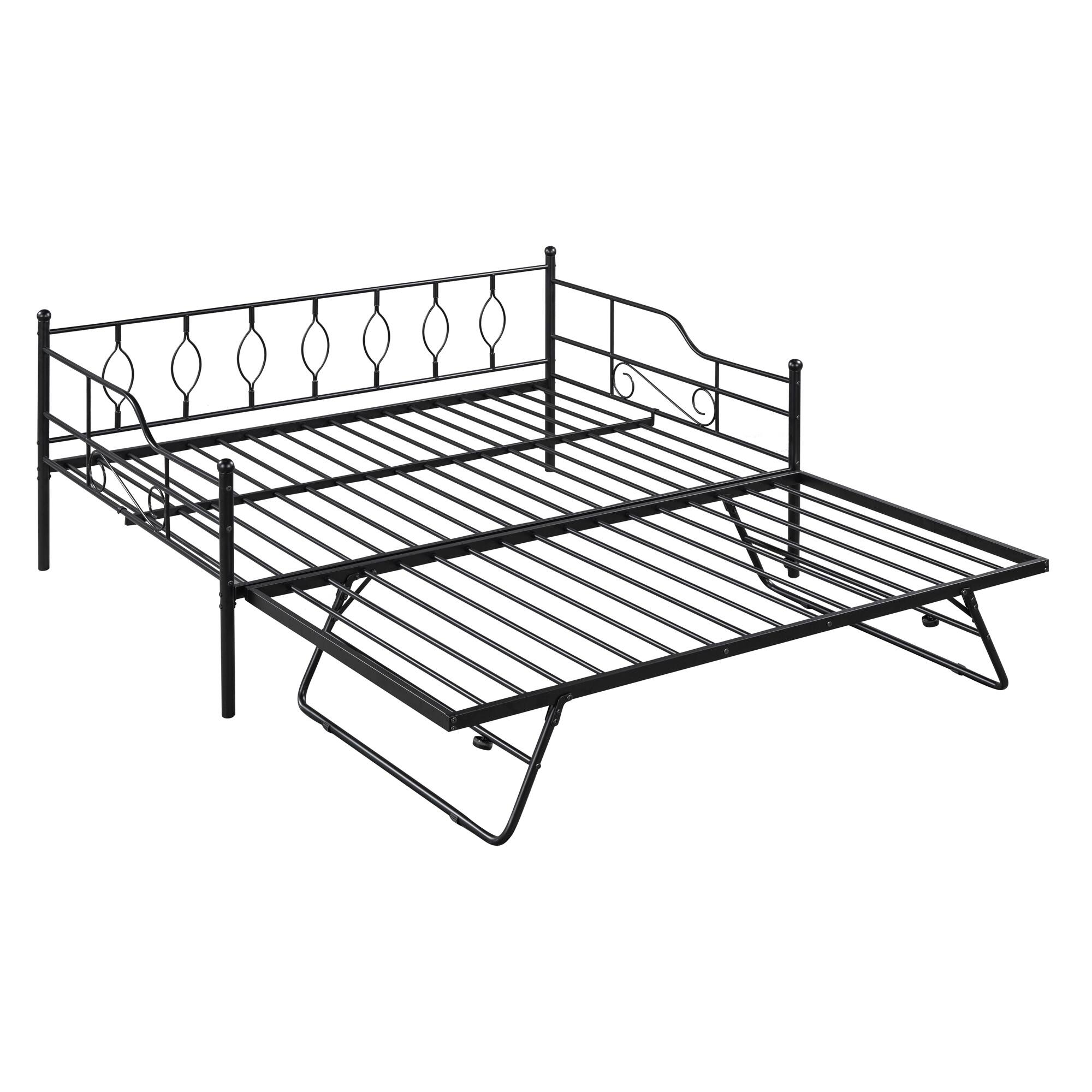 Full Size Metal Daybed with Twin Size Adjustable Trundle, Portable