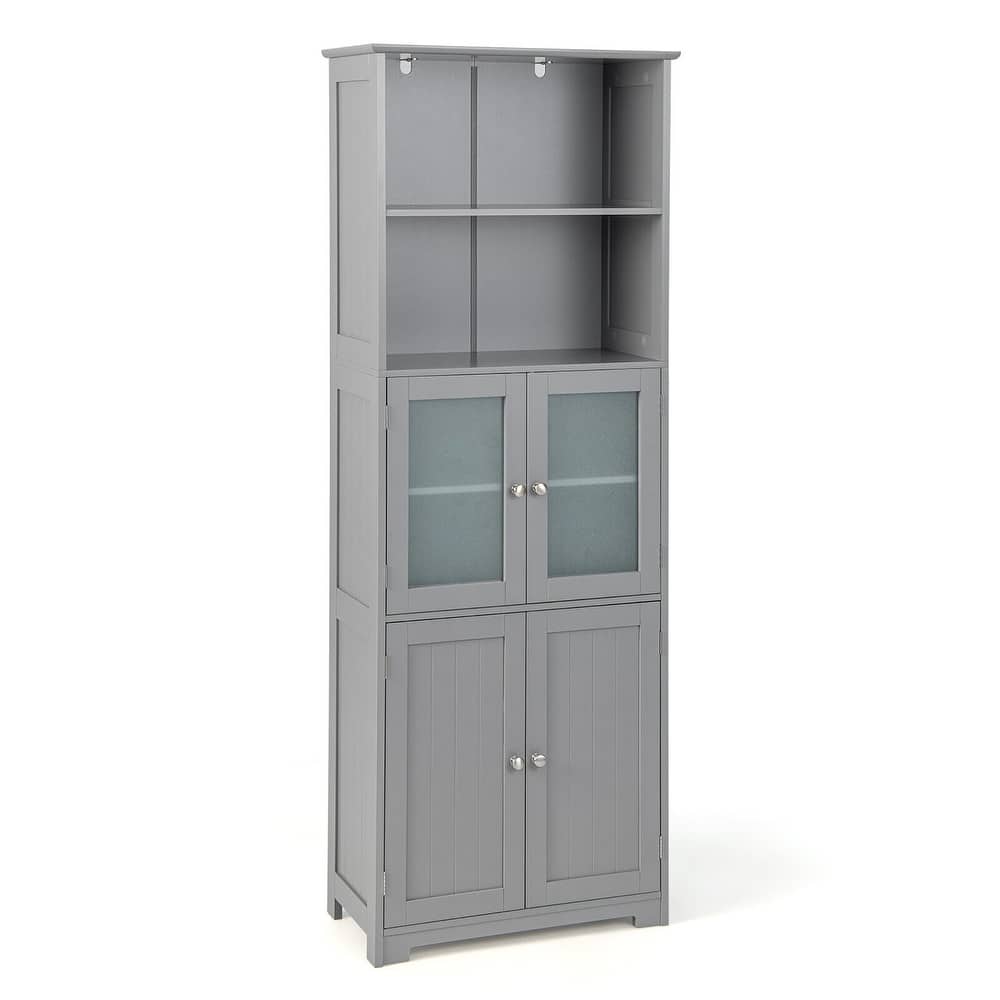 Gymax Bathroom Tall Storage Cabinet Linen Tower w/ Glass Door &