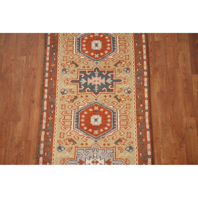 Traditional Green Kazak Runner Rug Hand-Knotted Wool Carpet - 2'6"x 10'0"