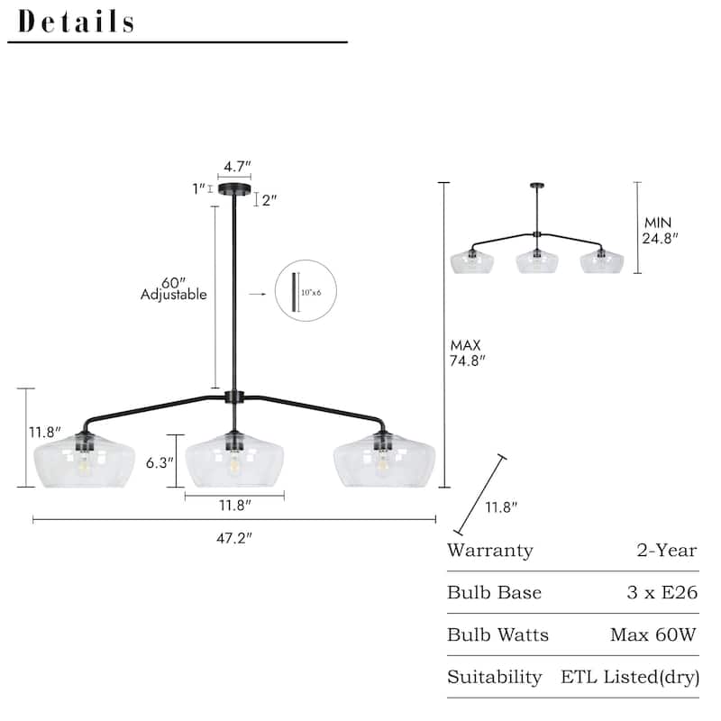 47.2" L Modern 3-Light Black Chandelier with Clear Glass Kitchen Island for Dining Room - 47.2 " L × 11.8 " W × 11.8 " H