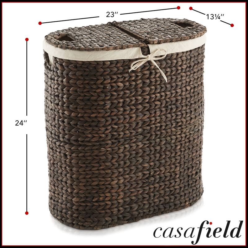 2Section Oval Laundry Hamper Basket w Lids and Liner Bags for Clothes