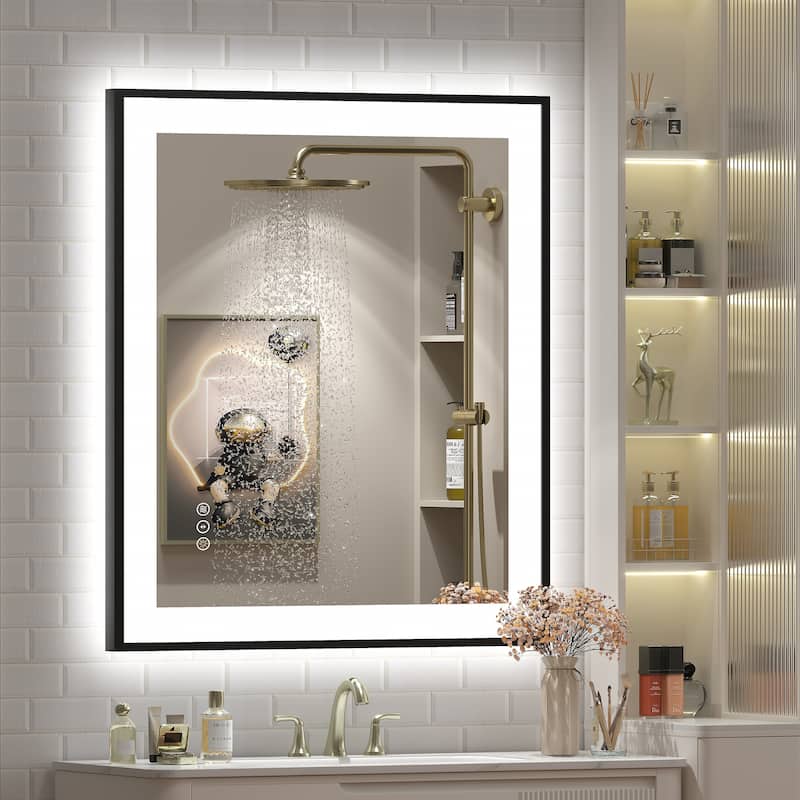 Front & Back LED Anti-Fog Tempered Glass Framed Bathroom/Vanity Mirror 3-Year Warranty - 32" x 28"-Square Corner - Black