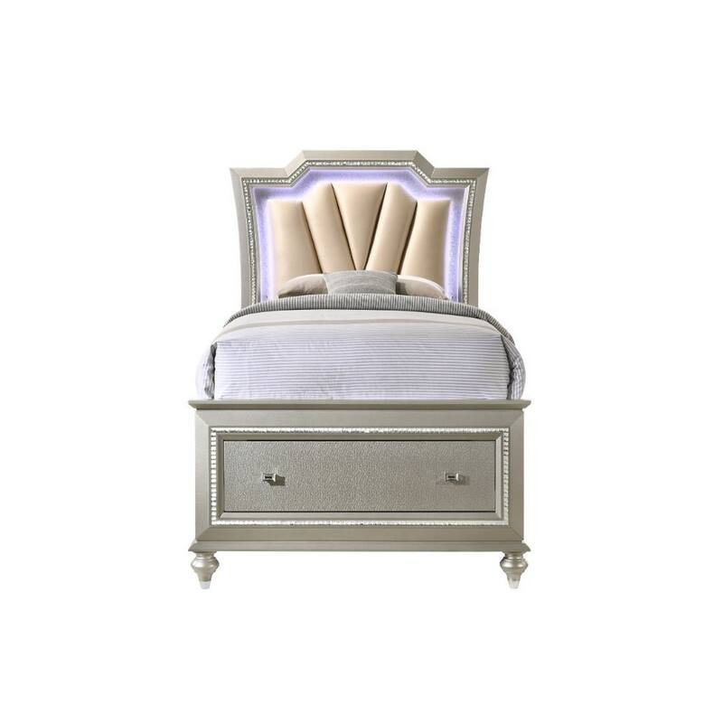 Full Bed with 1 Drawer and Padded Headboard, Champagne Gold