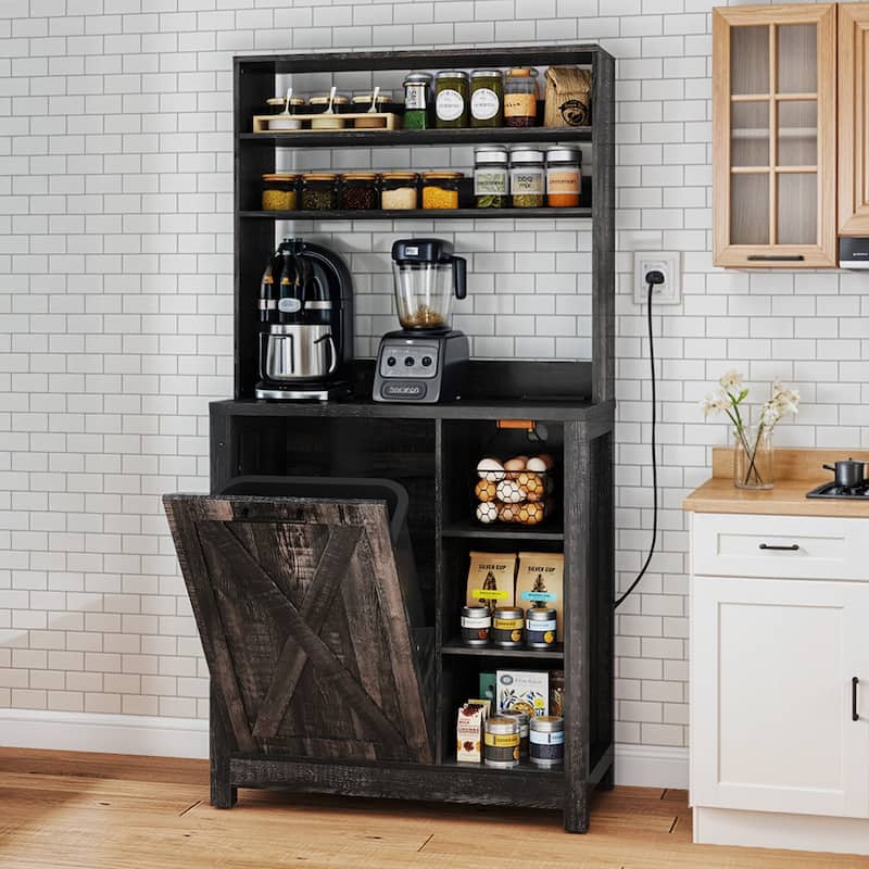 Moasis Bakers Rack with Trash Can Storage Bin Cabinet and Power Outlet