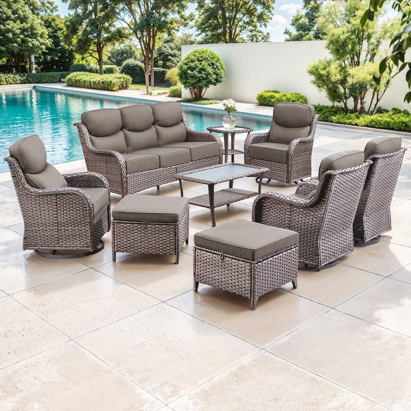 Gymojoy 9-Piece Patio Furniture Set with Swivel Glider Chairs, 6-Inch Ultra-Plush Cushions & Water-Resistant Olefin Fabric
