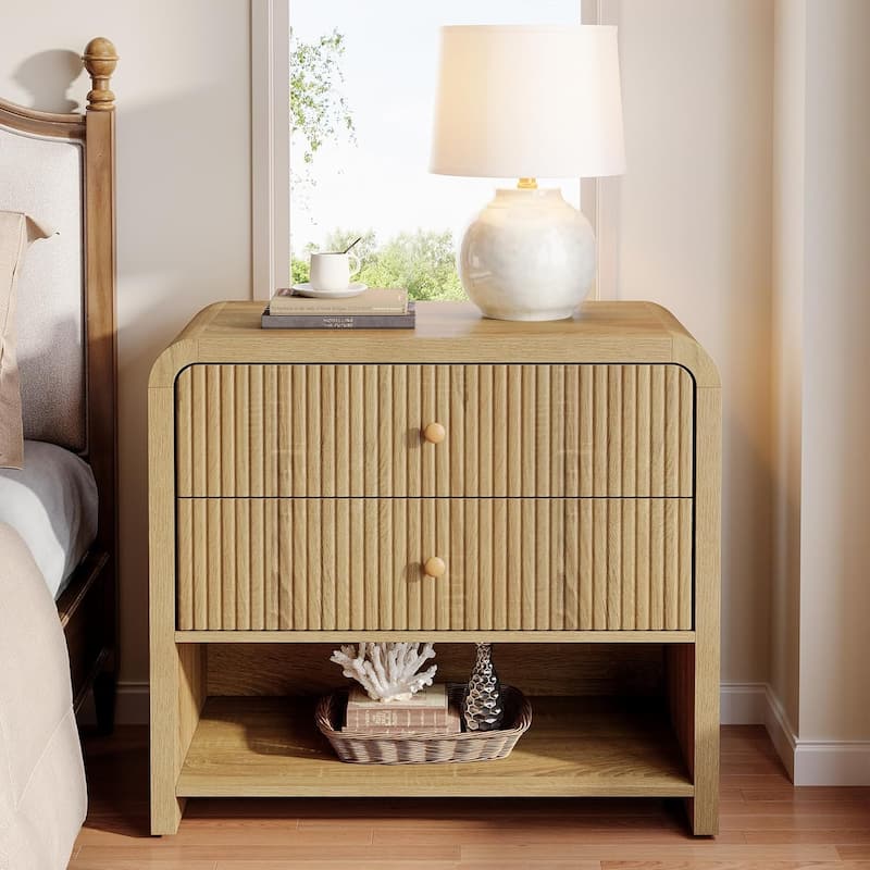 Oversized Nightstand with 2 Drawers, 31.5" Wide Modern Fluted Night Stand