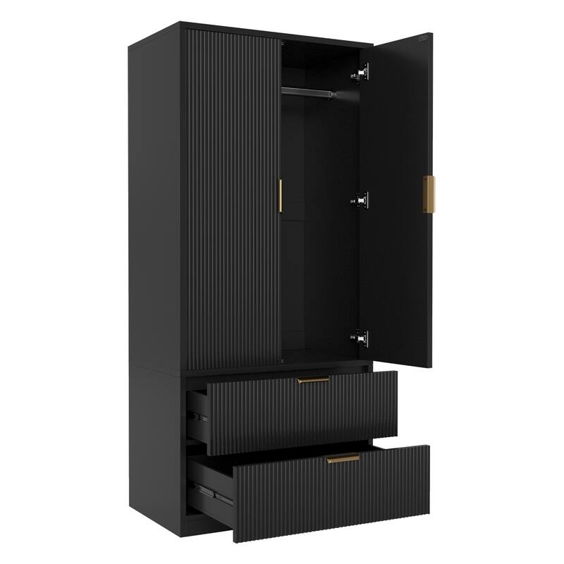 Meyreso Fluted Armoire Wardrobe Closet Storage Cabinet with 2 Doors & 2 Drawers - N/A