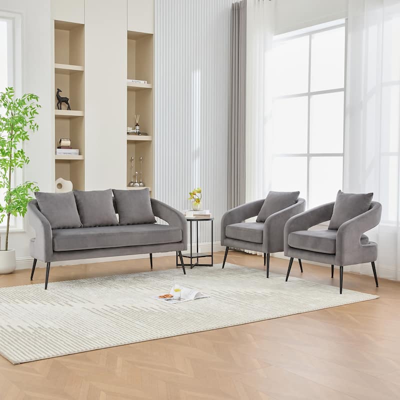 3 Piece Upholstered Velvet Living Room Furniture Set Metal Legs Open Back Charcoal Loveseat 2 Accent Chairs