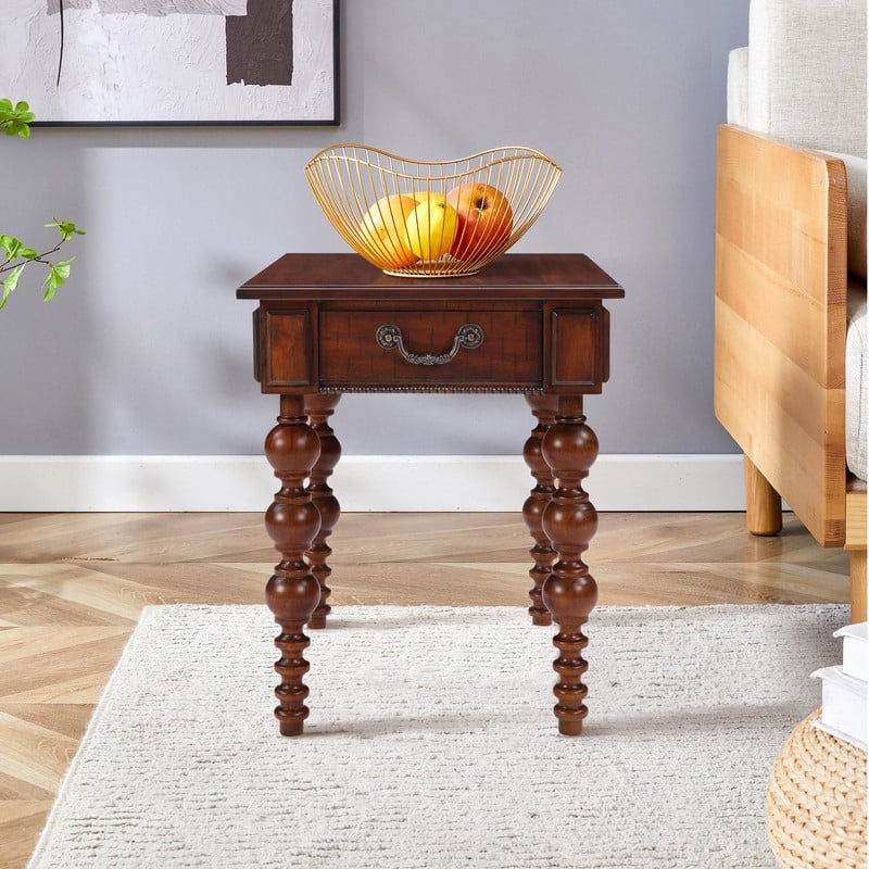 Retro 24" Solid Wood End Table with Drawer Easy Assembly Vintage Narrow Sofa Side Table for Living Room - Walnut