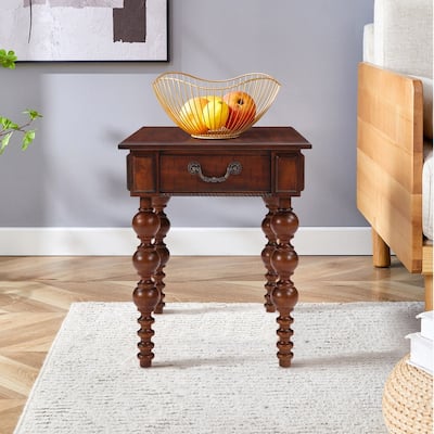 Retro 24" Solid Wood End Table with Drawer Easy Assembly Vintage Narrow Sofa Side Table for Living Room