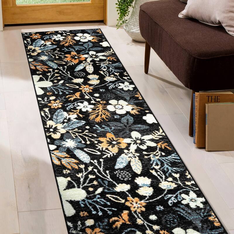 Beige Multi Garden Floral Stylish and Durable Area Rug - Black - 2' 3" x 8'