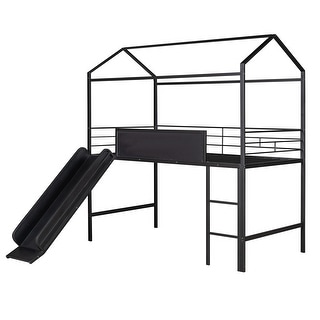 Playhouse Design Twin Size Metal Loft Bed,Built-In Slides and Writing Board