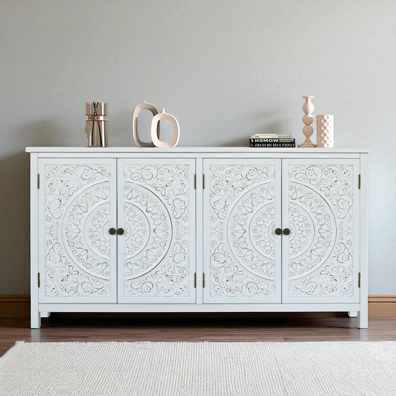 60" White Accent Sideboard Buffet Cabinet with 4 Doors, Rustic Wood Pantry Storage Cabinet for Entryway, Dining Room, Kitchen