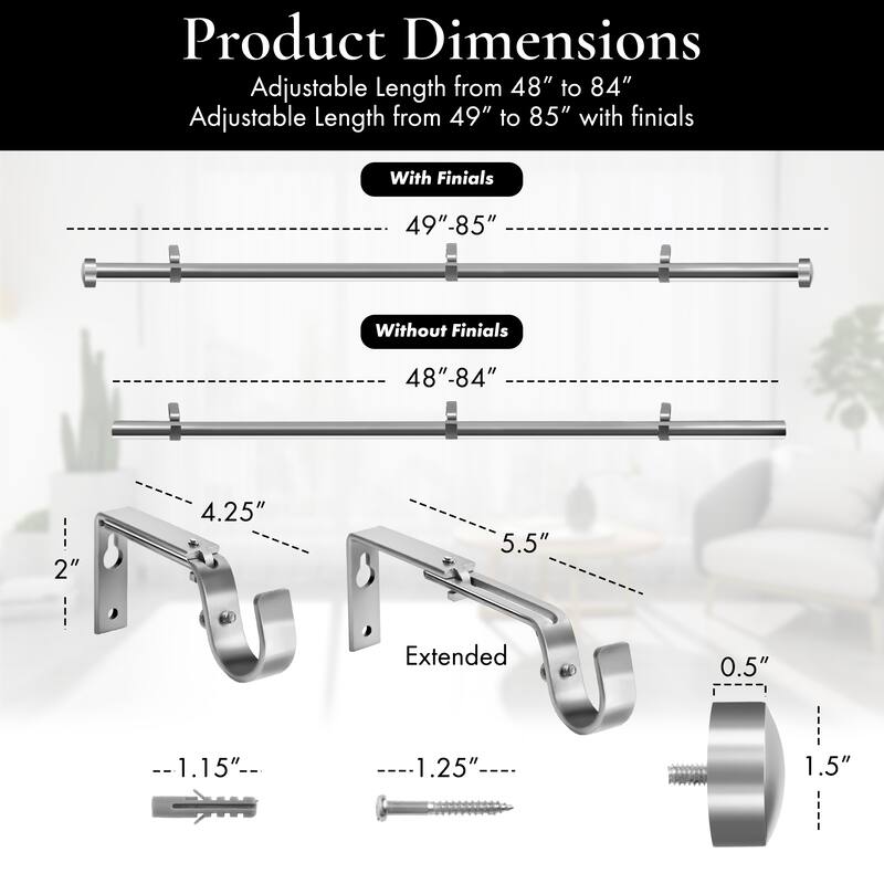 Meriville 1-Inch Diameter End Cap Single Window Curtain Rod