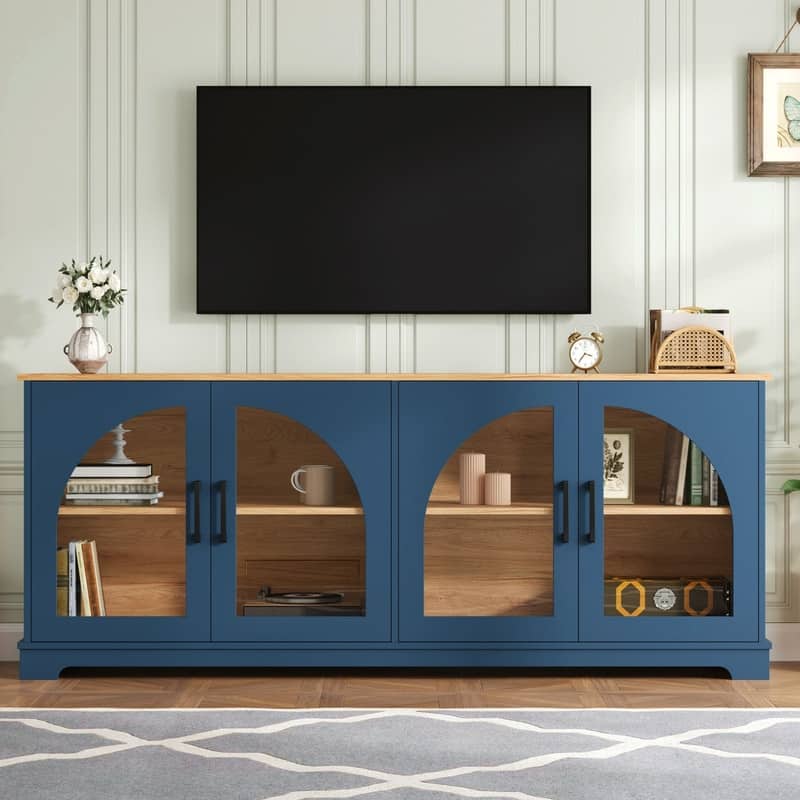 Farmhouse 66.9" TV Stand for TVs Up to 70", Wood Media Console with Adjustable Shelves and Glass Doors - Blue