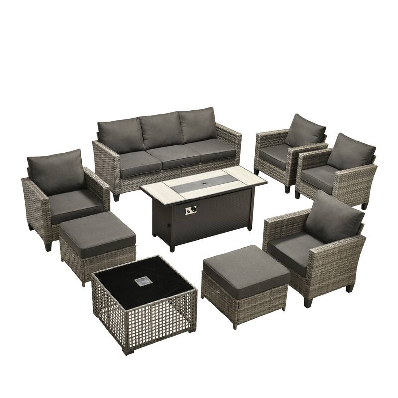 OVIOS 9 Pieces Patio Furniture Set with Solar-Powered Table & 54" Fire Table