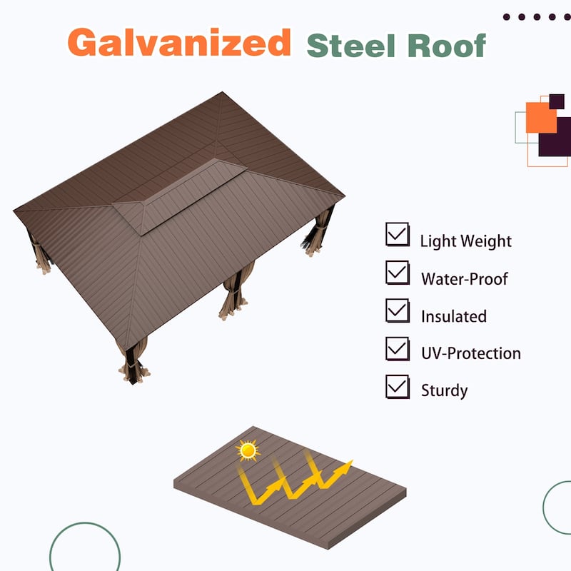 Outdoor Galvanized Steel Hardtop Patio Pergola with Aluminum Frame, Featuring Premium Curtains and Netting