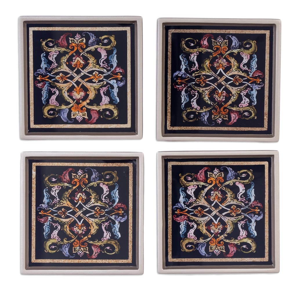 Novica Handmade Silver Elegance Reverse-Painted Glass Coasters (Set Of 4)