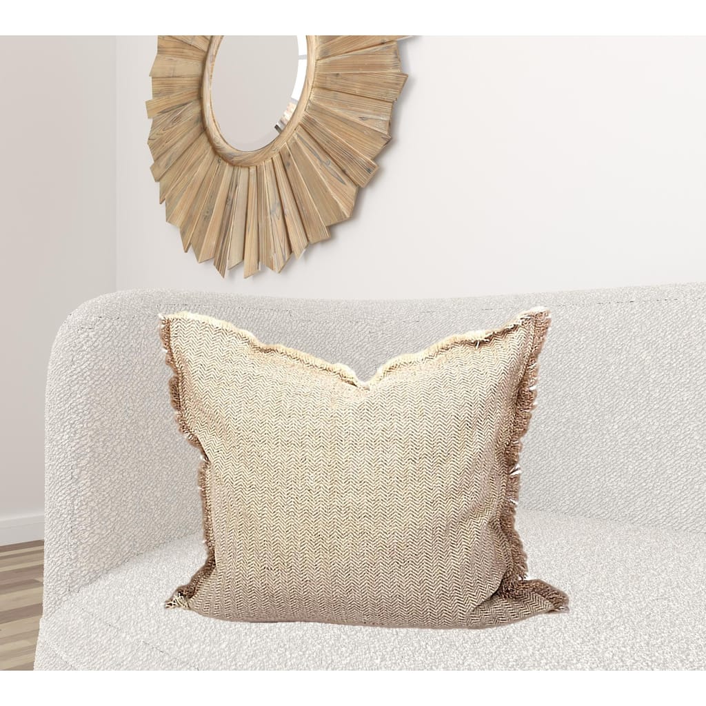 HomeRoots Set Of Two 24" x 24" Taupe 100% Cotton Herringbone Pillows With Fringe