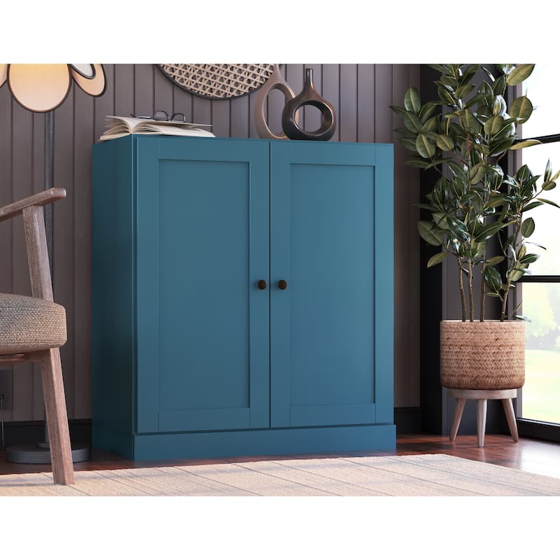 Palace Imports 100% Solid Wood 3-Shelf Bookcase with Shaker Doors and Adjustable Shelves - Teal Blue