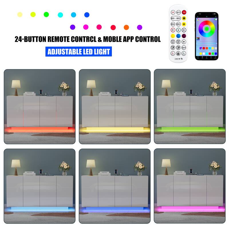 4-Door LED Lighted Buffet Cabinet with RGB Lights Sideboard Storage