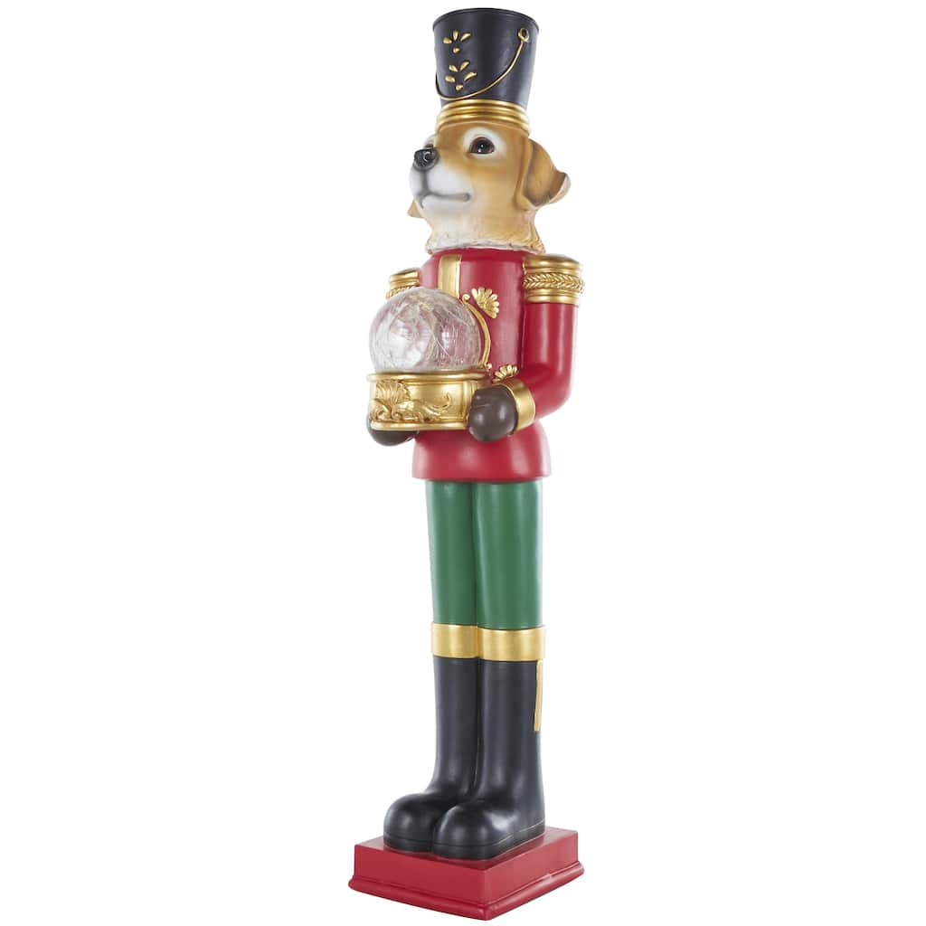 Fiberglass Dog Tall Soldier Nutcracker Christmas Sculpture with LED Light Snow Globe - Red - Roche River Decor