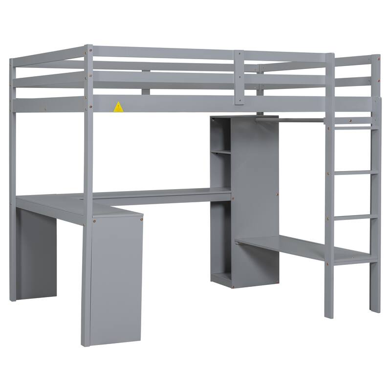 Solid Wood Loft Bed with L-shaped Desk & Storage
