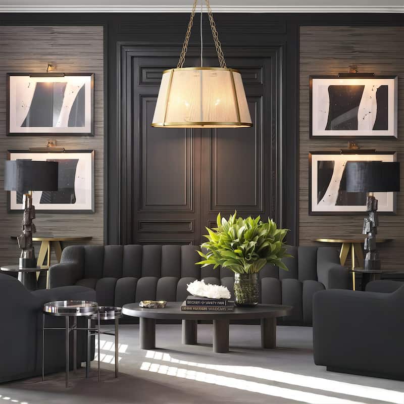6-Light Modern Boho Drum Hand Woven Ivory Rope Gold Chandelier for Living Room - 23.6 in. W x 13.3 in. H