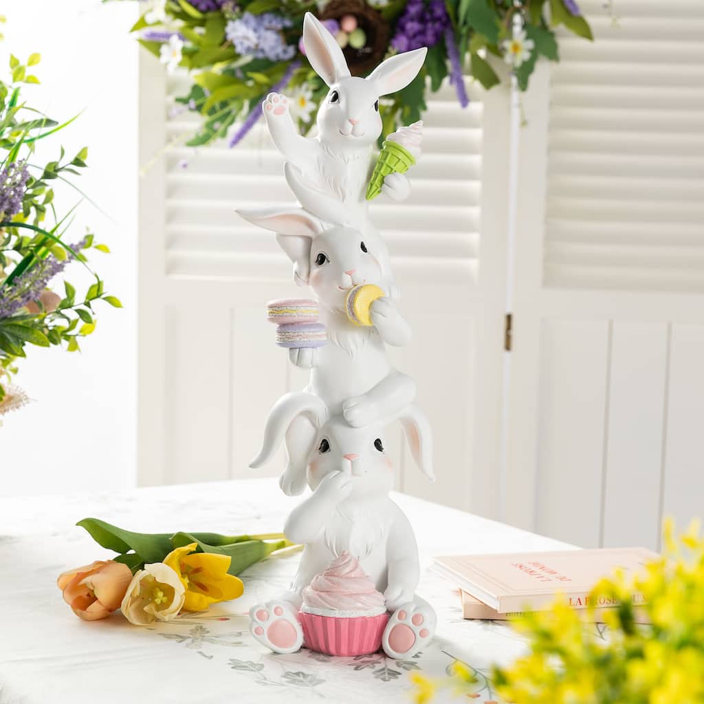 Glitzhome Easter Resin Bunny Holding Macaron Table Decor Stacked Rabbit Figurine