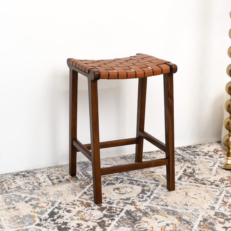 Arsenal Mid-Century Square Genuine Leather Counter Stool in Tan
